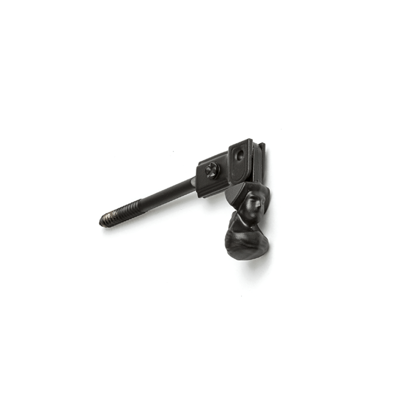 Closeup of European la Jeune Femme Shutter Tieback with black powder coating.