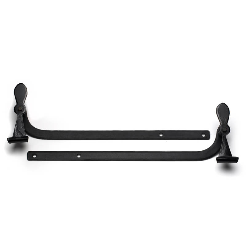 Closeup of Small Belmont Shutter Tiebacks with black powder coating.