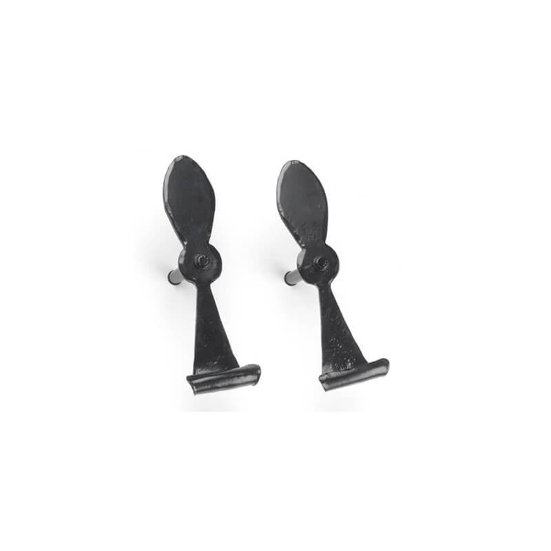 Closeup of Large Lag Mount Belmont Shutter Tiebacks with black powder coating.