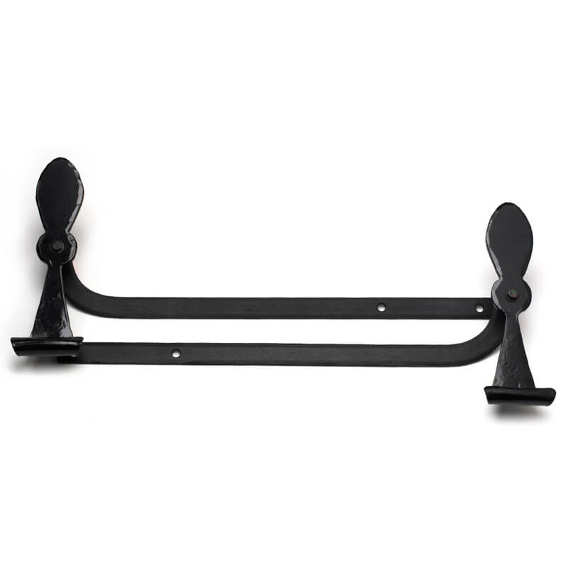 Closeup of Large Sill Mount Belmont Shutter Tiebacks with black powder coating.