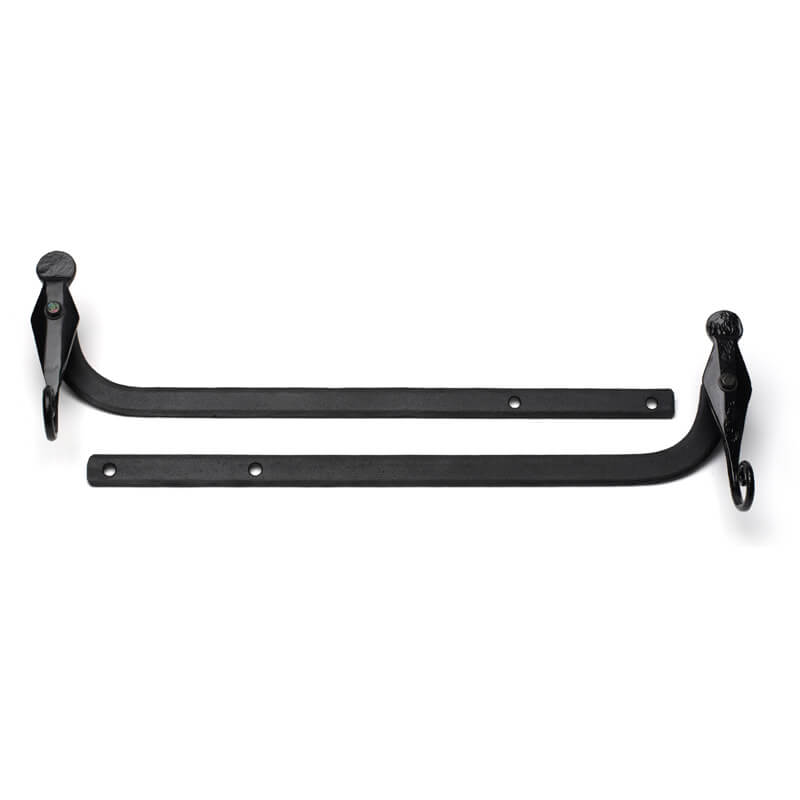 Closeup of English Rat Tail Sill Mount Shutter Tieback with black powder coating.