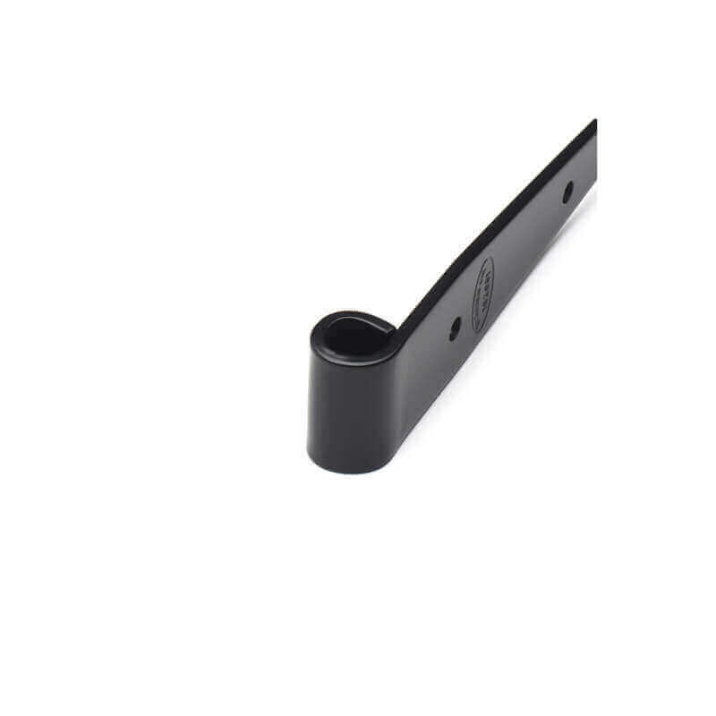 Closeup of Heavy Duty Tapered Strap Hinge with black powder coating.