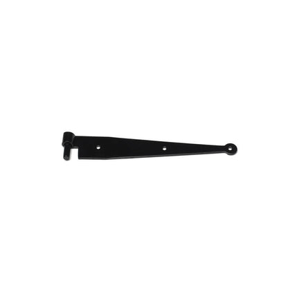 Closeup of Heavy Duty Tapered Strap Hinges with Attached Pin with black powder coating.