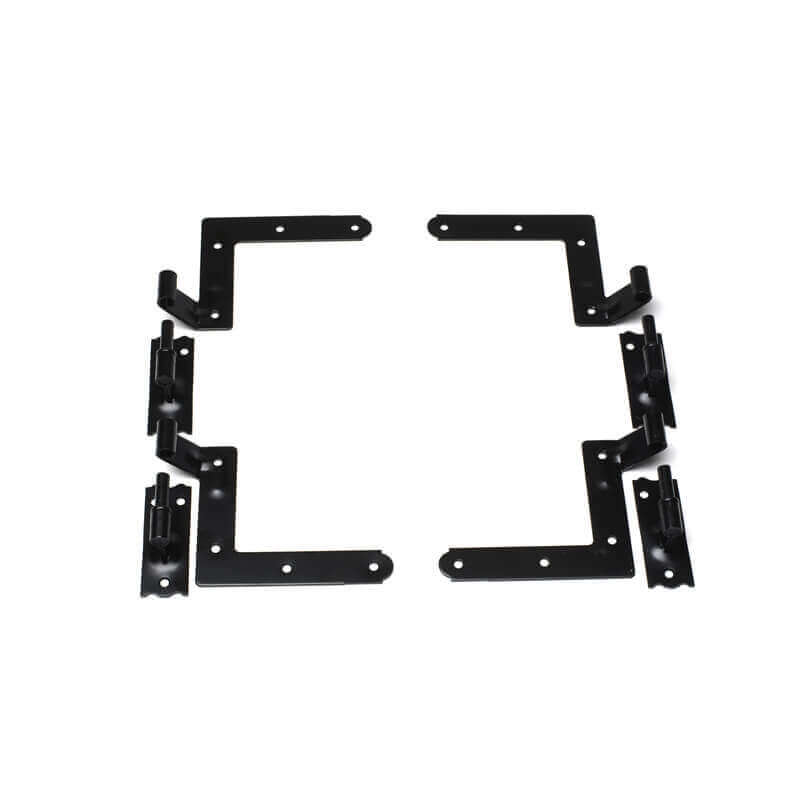 Closeup of New York Style L Hinge Set with black powder coating.