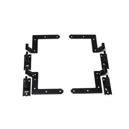 Closeup of New York Style L Hinge Set with black powder coating.