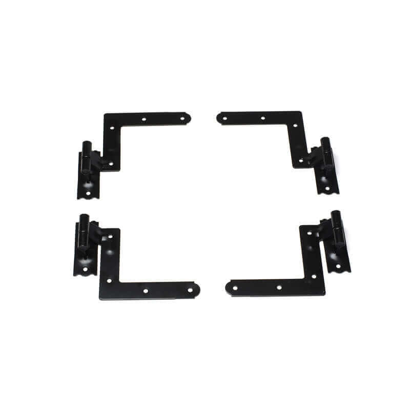 Closeup of New York Style L Hinge Set with black powder coating.