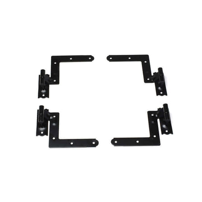 Closeup of New York Style L Hinge Set with black powder coating.
