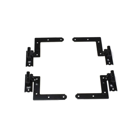 Closeup of New York Style L Hinge Set with black powder coating.