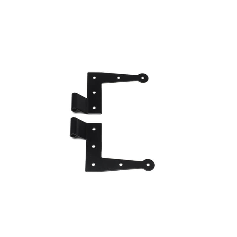 Closeup of Stainless Steel Standard Duty New York Style L Hinges with black powder coating.
