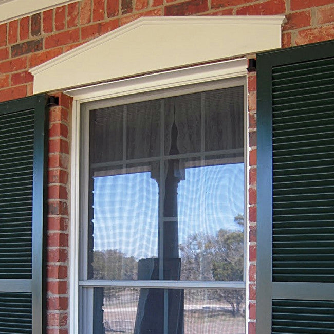 Closeup of Heavy Duty Brick Mount Pintel with black powder coating installed on open black shutters.