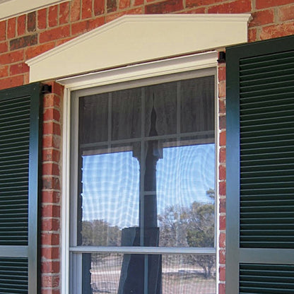 Closeup of Heavy Duty Brick Mount Pintel with black powder coating installed on open black shutters.