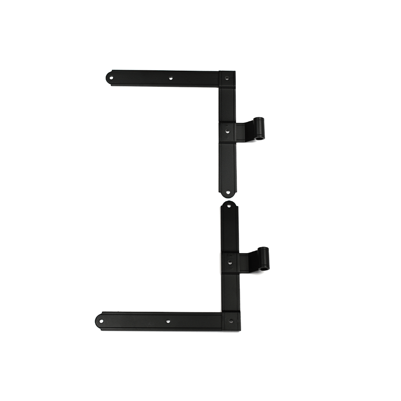 Closeup of European L Hinge with black powder coating.