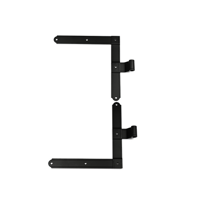 Closeup of European L Hinge with black powder coating.