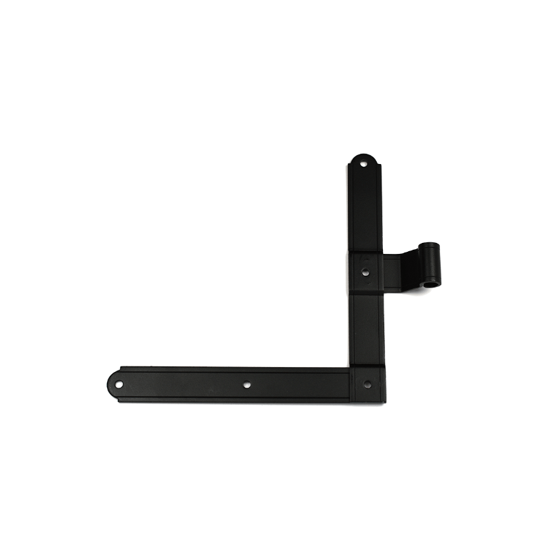 Closeup of European L Hinge with black powder coating.