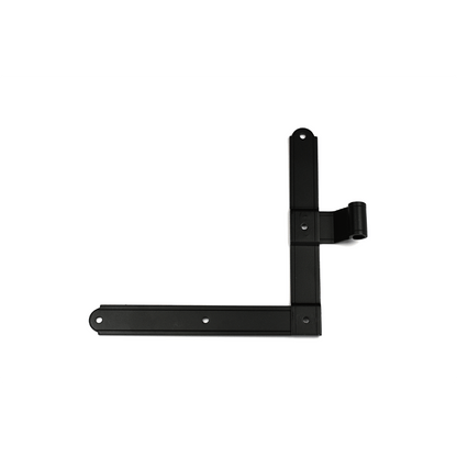 Closeup of European L Hinge with black powder coating.