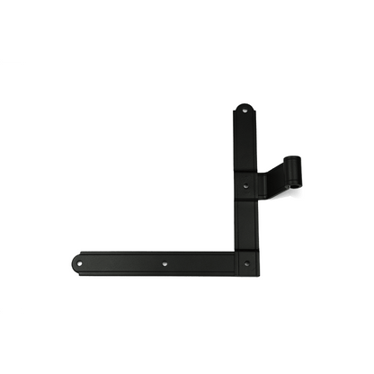 Closeup of European L Hinge with black powder coating.