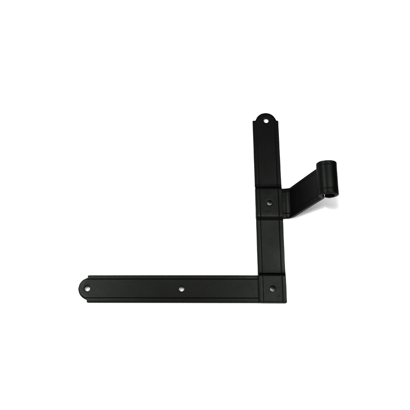 Closeup of European L Hinge with black powder coating.