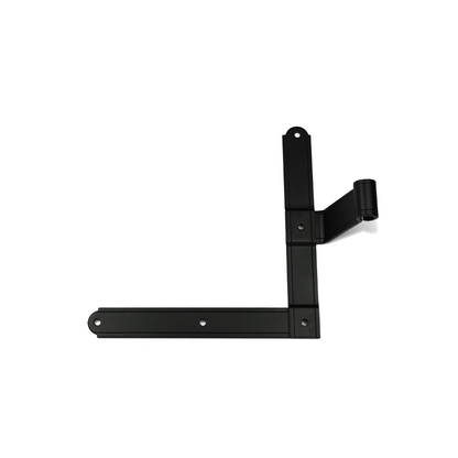 Closeup of European L Hinge with black powder coating.