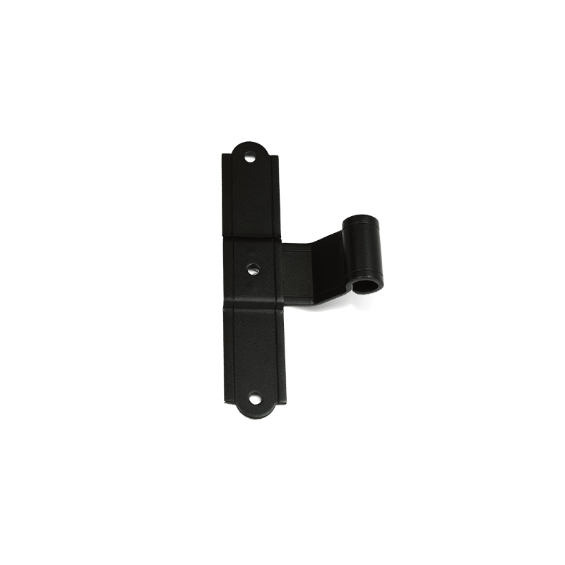 Closeup of European T Hinge with black powder coating.