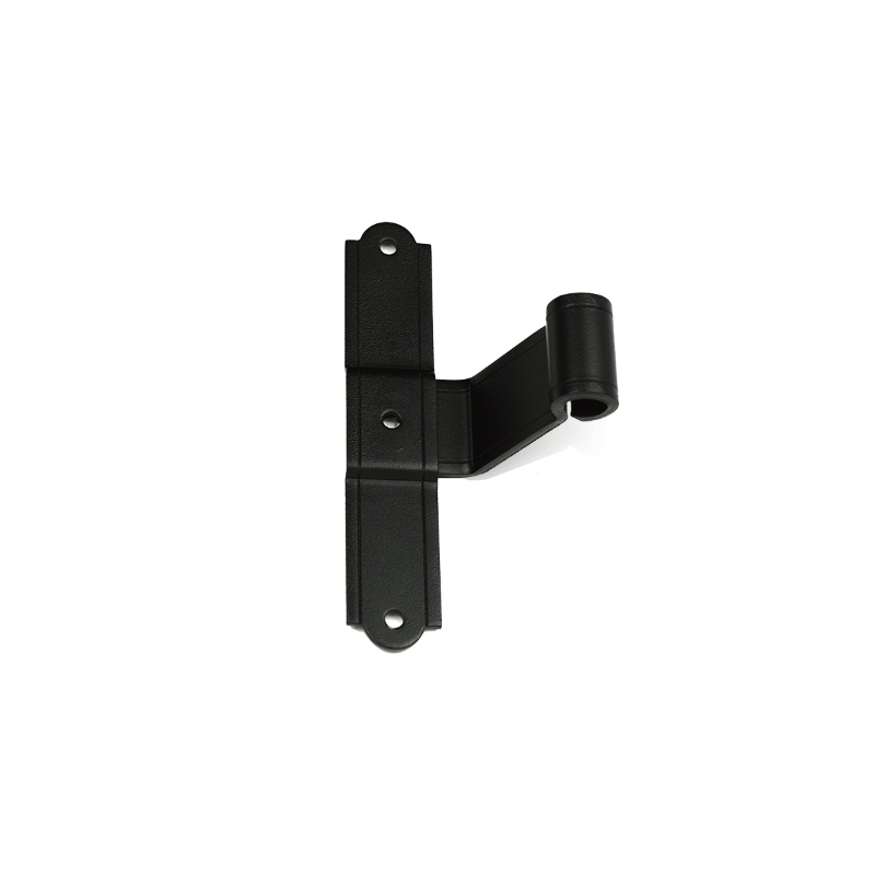 Closeup of European T Hinge with black powder coating.