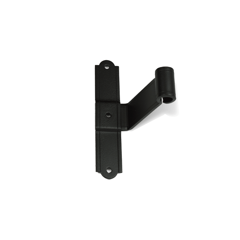 Closeup of European T Hinge with black powder coating.