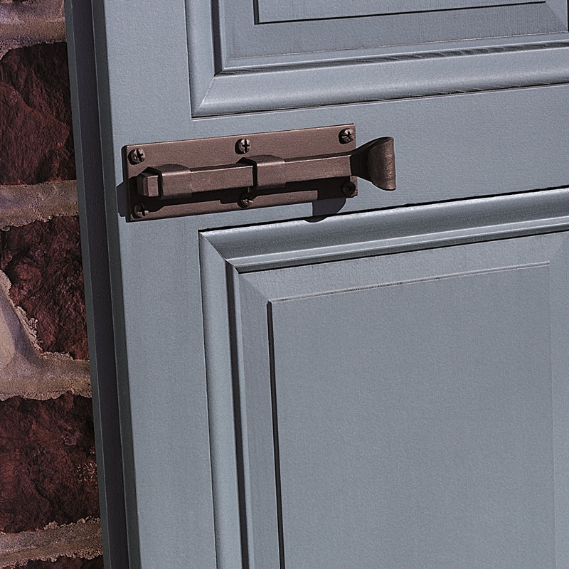 Close up of Shutter Lock with black powder coating installed on blue raised panel shutter.