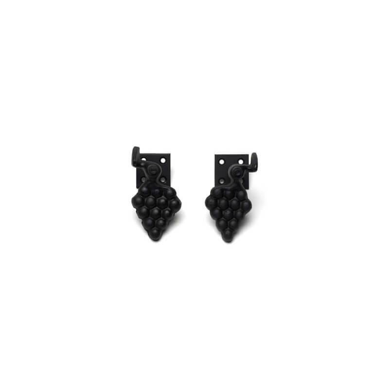 Closeup of Plate Mount Vintage Grape Shutter Tiebacks with black powder coating.
