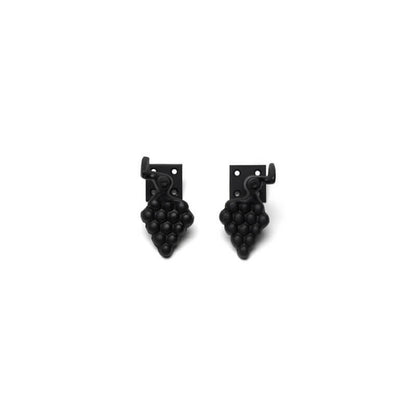 Closeup of Plate Mount Vintage Grape Shutter Tiebacks with black powder coating.