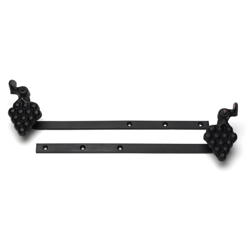 Closeup of Sill Mount Vintage Grape Shutter Tiebacks with black powder coating.