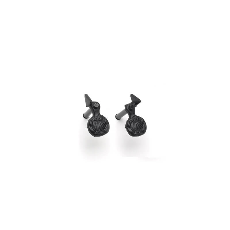 Closeup of Lag Mount Shell Shutter Tiebacks with black powder coating.