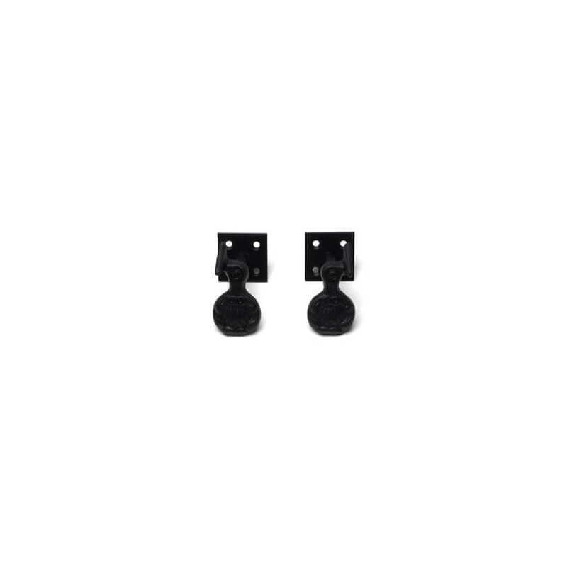 Closeup of Plate Mount Shell Shutter Tiebacks with black powder coating.