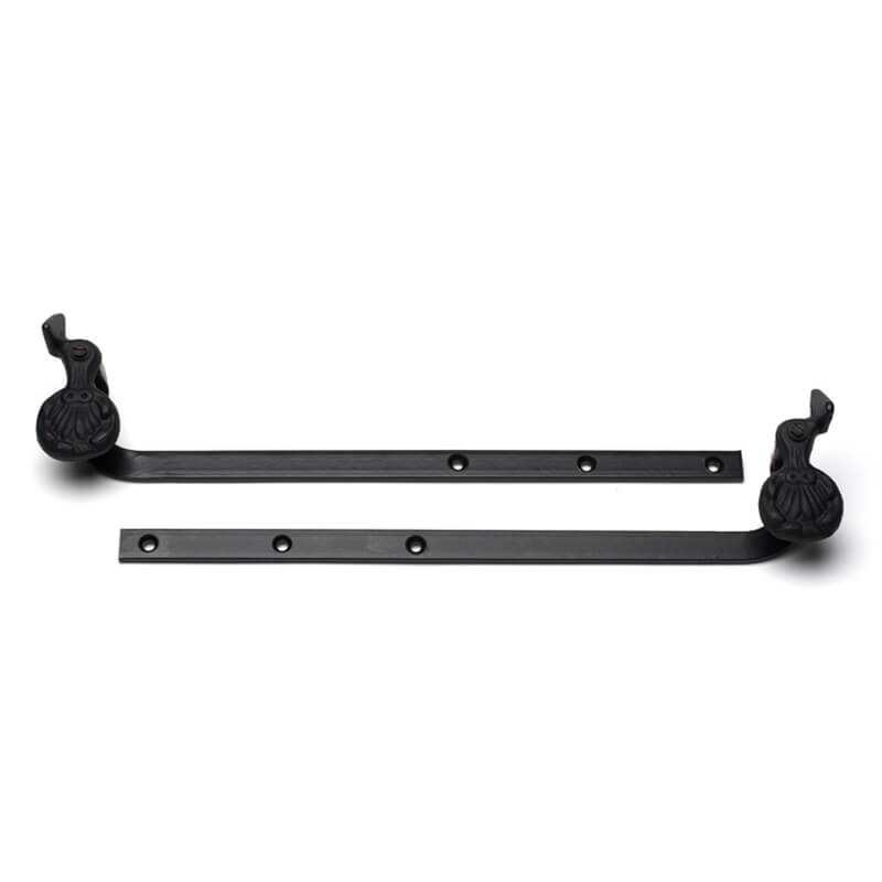 Closeup of Sill Mount Shell Shutter Tiebacks with black powder coating.