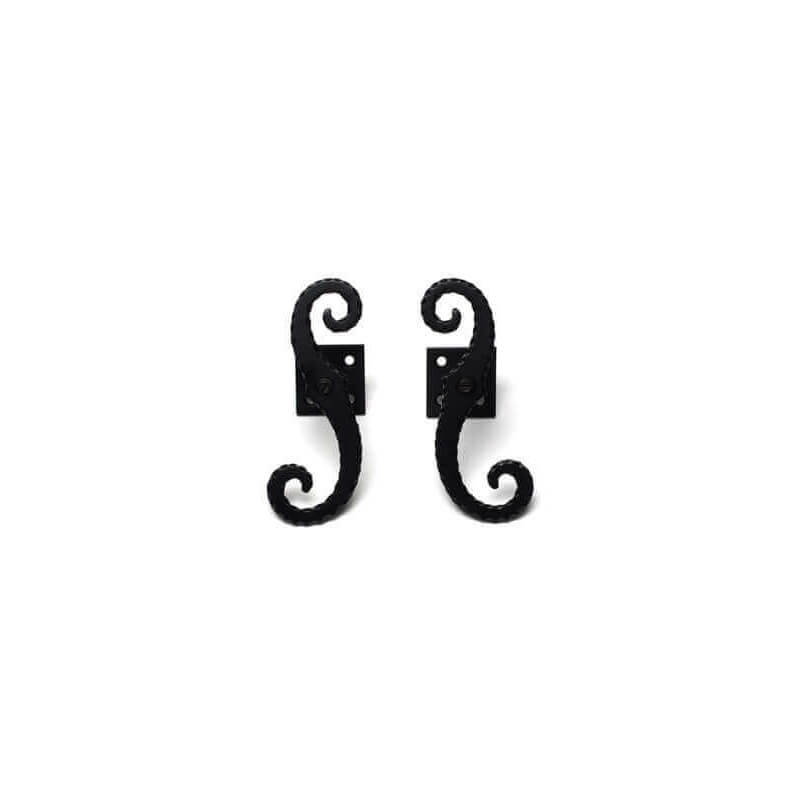 Closeup of Stainless Steel, Plate Mount Beveled Shutter Tiebacks with black powder coating.