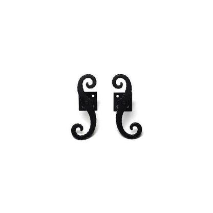 Closeup of Stainless Steel, Plate Mount Beveled Shutter Tiebacks with black powder coating.