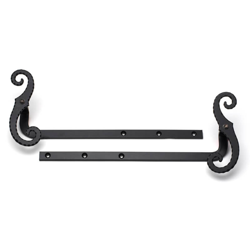 Closeup of Sill Mount S Beveled Shutter Tiebacks with black powder coating.