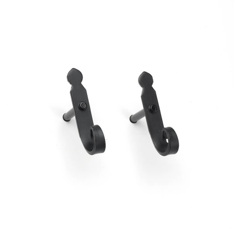 Closeup of Lag Mount Rat Tail Shutter Tiebacks with black powder coating.