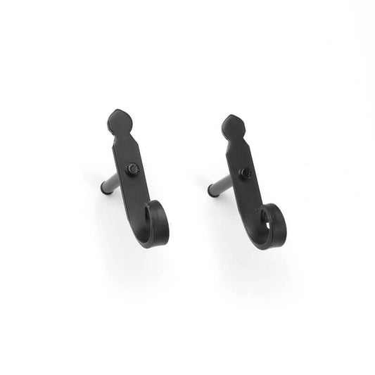 Closeup of Lag Mount Rat Tail Shutter Tiebacks with black powder coating.