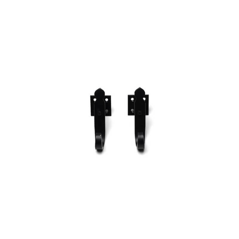 Closeup of Plate Mount Rat Tail Shutter Tiebacks with black powder coating.