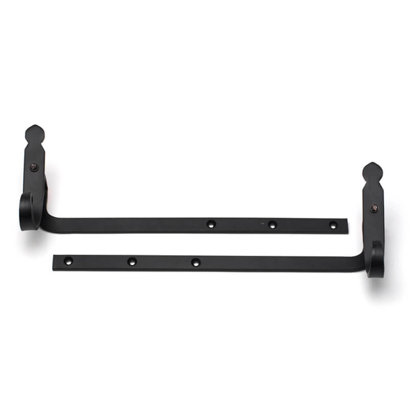 Closeup of Sill Mount Rat Tail Shutter Tiebacks with black powder coating.