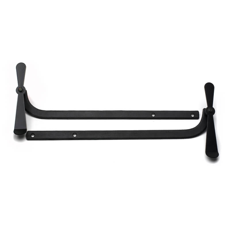 Closeup of Sill Mount Propeller Shutter Tiebacks with black powder coating.