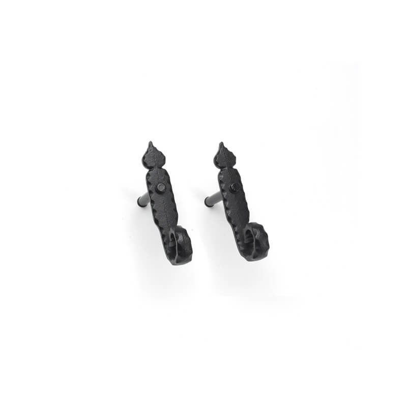 Closeup of Lag Mount Beveled Curl Shutter Tiebacks with black powder coating.