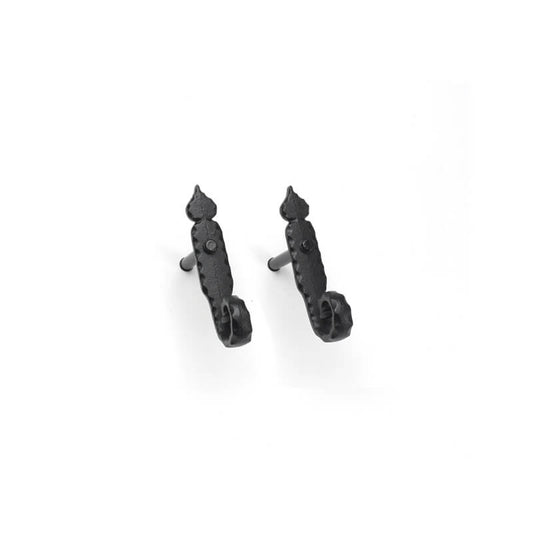 Closeup of Lag Mount Beveled Curl Shutter Tiebacks with black powder coating.