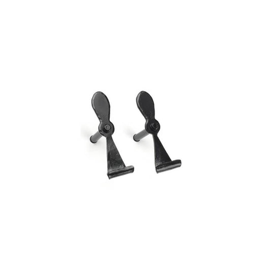 Closeup of Small Lag Mount Belmont Shutter Tiebacks with black powder coating.