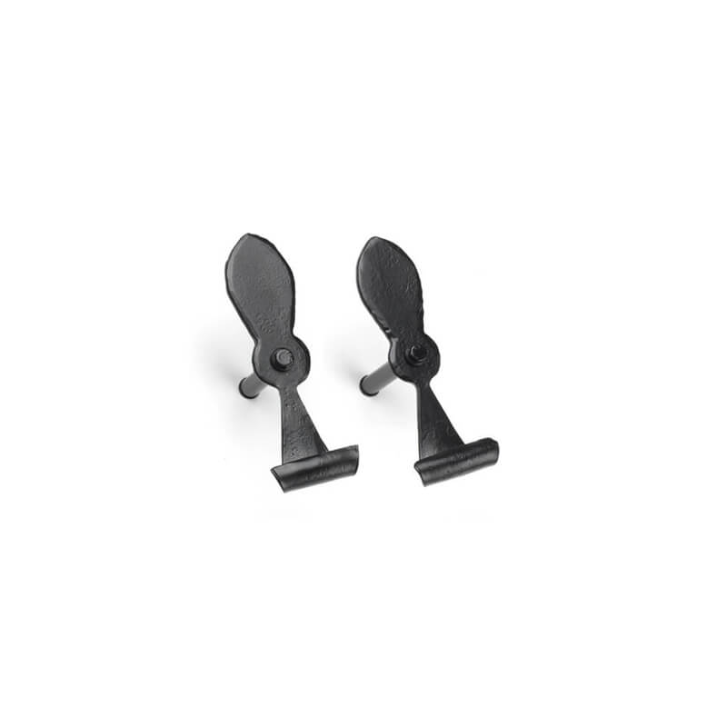 Closeup of Medium Lag Mount Belmont Shutter Tiebacks with black powder coating.