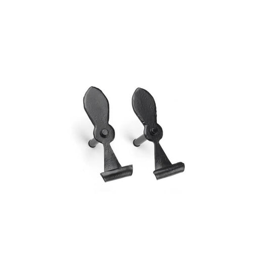 Closeup of Medium Lag Mount Belmont Shutter Tiebacks with black powder coating.