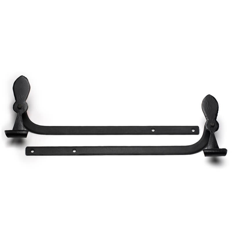 Closeup of Medium Sill Mount Belmont Shutter Tiebacks with black powder coating.