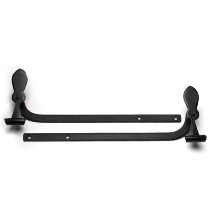 Closeup of Medium Sill Mount Belmont Shutter Tiebacks with black powder coating.
