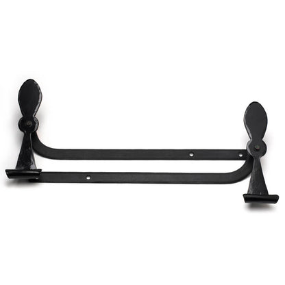 Closeup of Large Sill Mount Belmont Shutter Tiebacks with black powder coating.