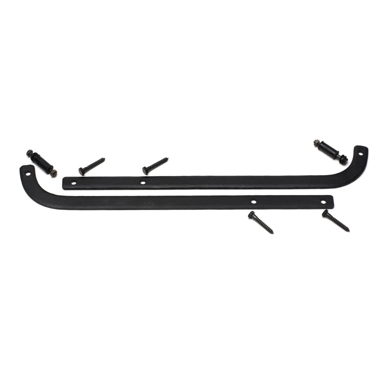 Closeup of Sill Mount Shutter Tieback Mounting Kit with black powder coating.