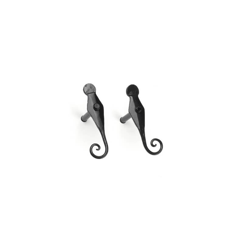 Closeup of Lag Mount Offset English Rat Tail Shutter Tiebacks with black powder coating.